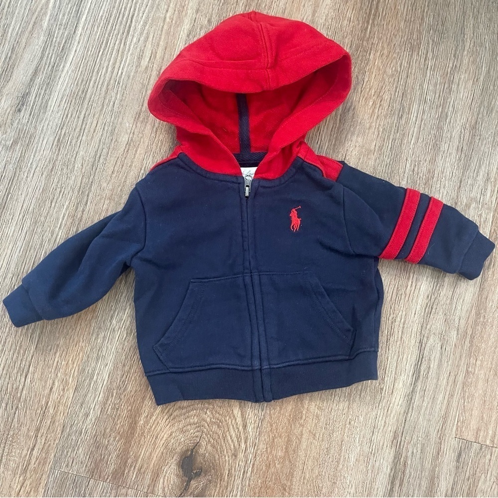Ralph Lauren Full Zip Up Jacket Baby 3mo Hoodie Red Blue Pony Logo Preppy